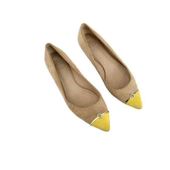 Tory Burch Pointed Suede Ballet Flats in Colorblock Cream and Yellow - Picture 2 of 9